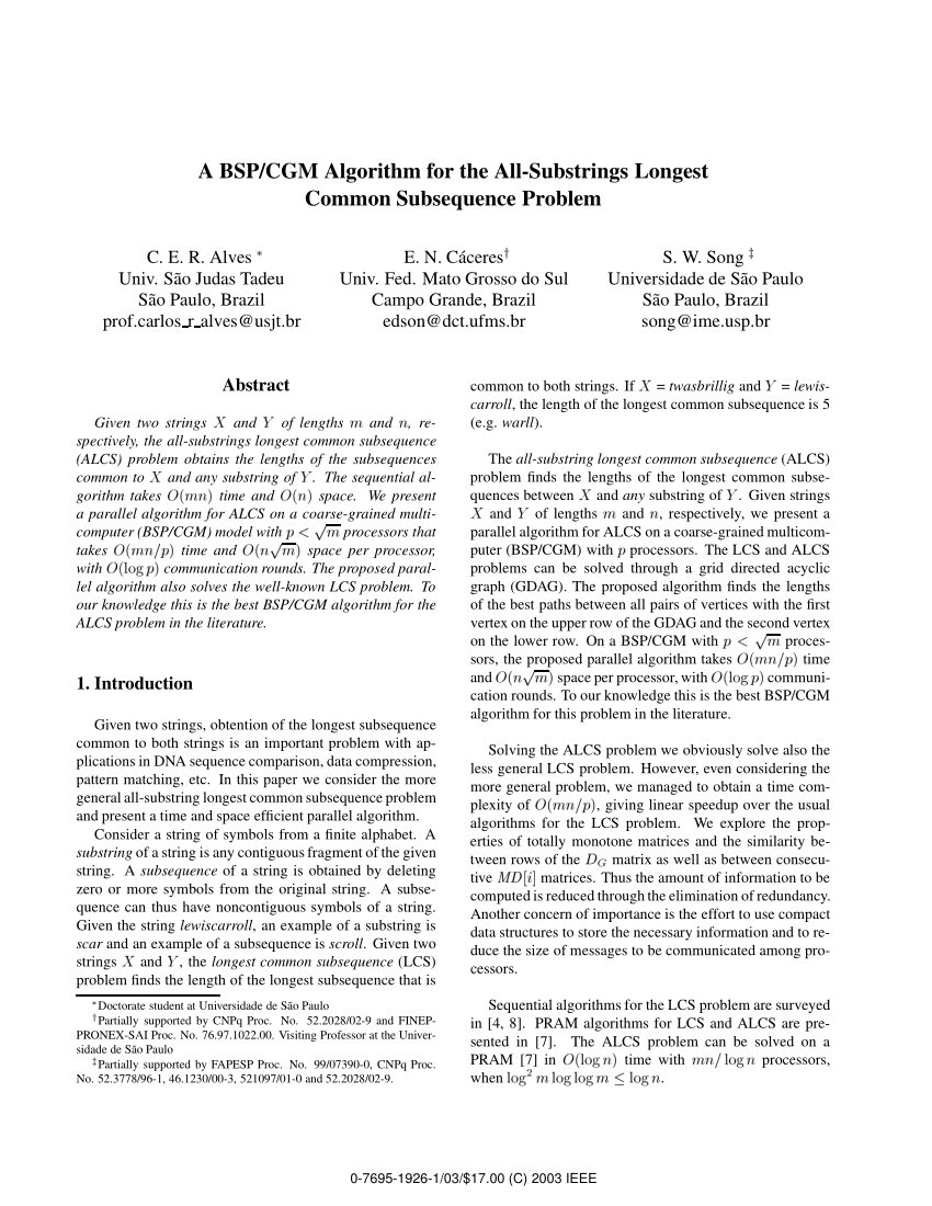 Pdf A Bsp Cgm Algorithm For The All Substrings Longest Common Subsequence Problem