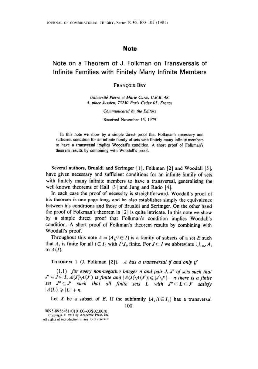 Pdf Note On A Theorem Of J Folkman On Transversals Of Infinite Families With Finitely Many Infinite Members