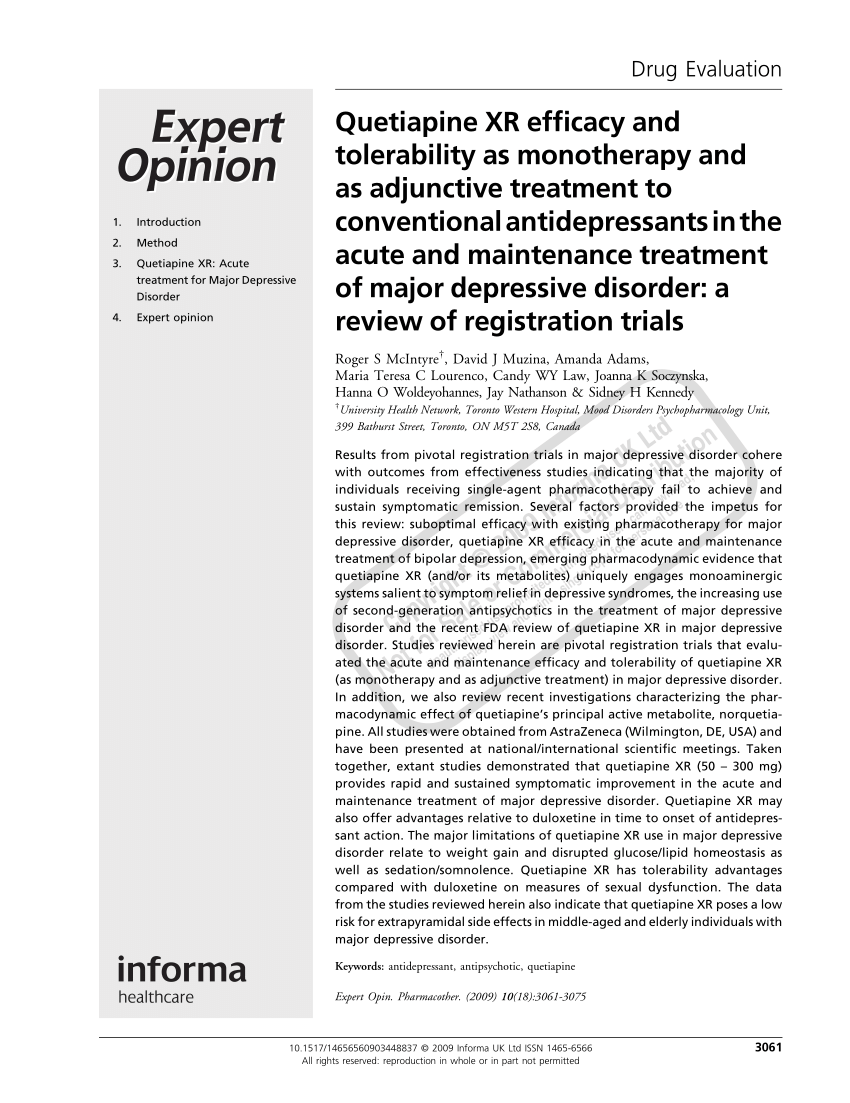 PDF Quetiapine XR efficacy and tolerability as monotherapy and as