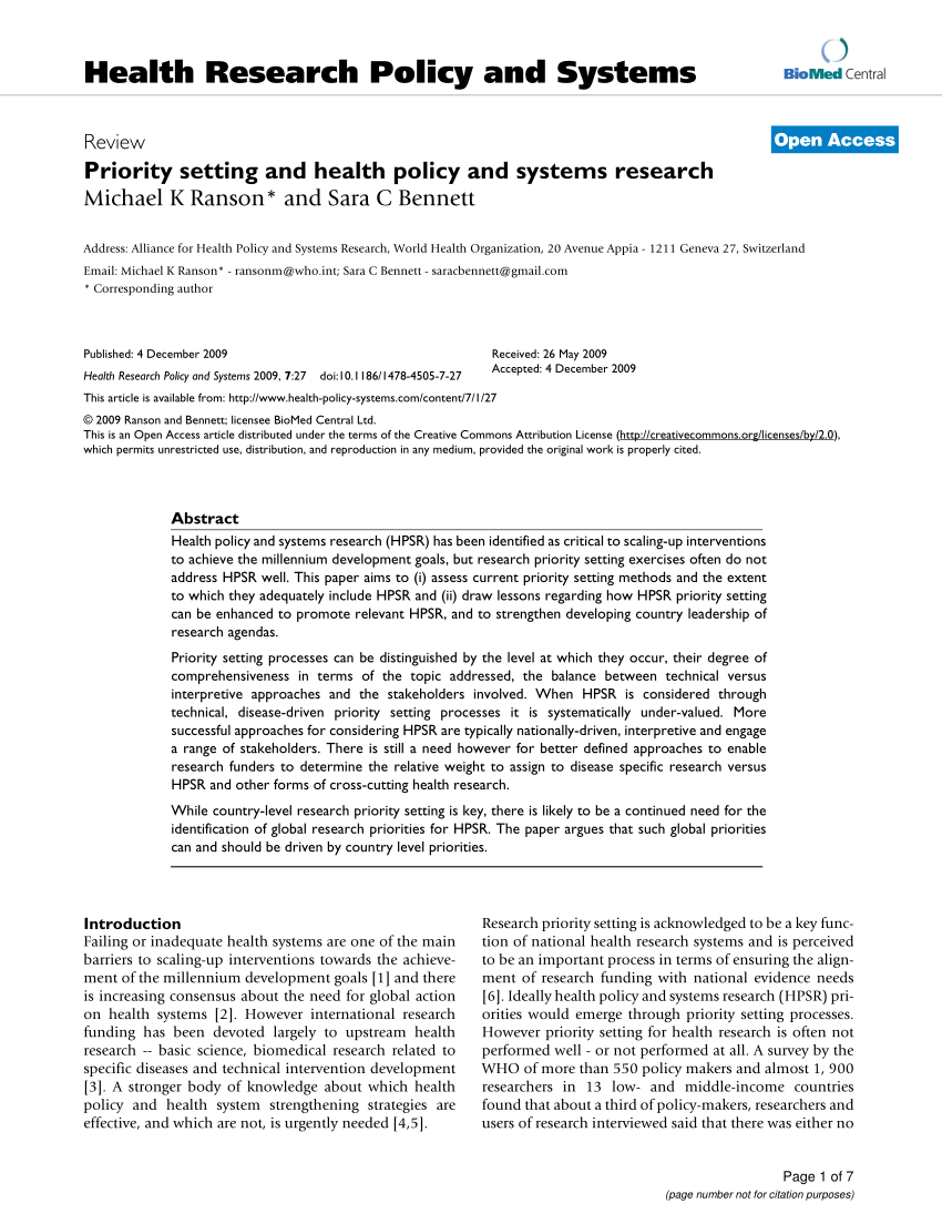 Pdf Priority Setting And Health Policy And Systems Research