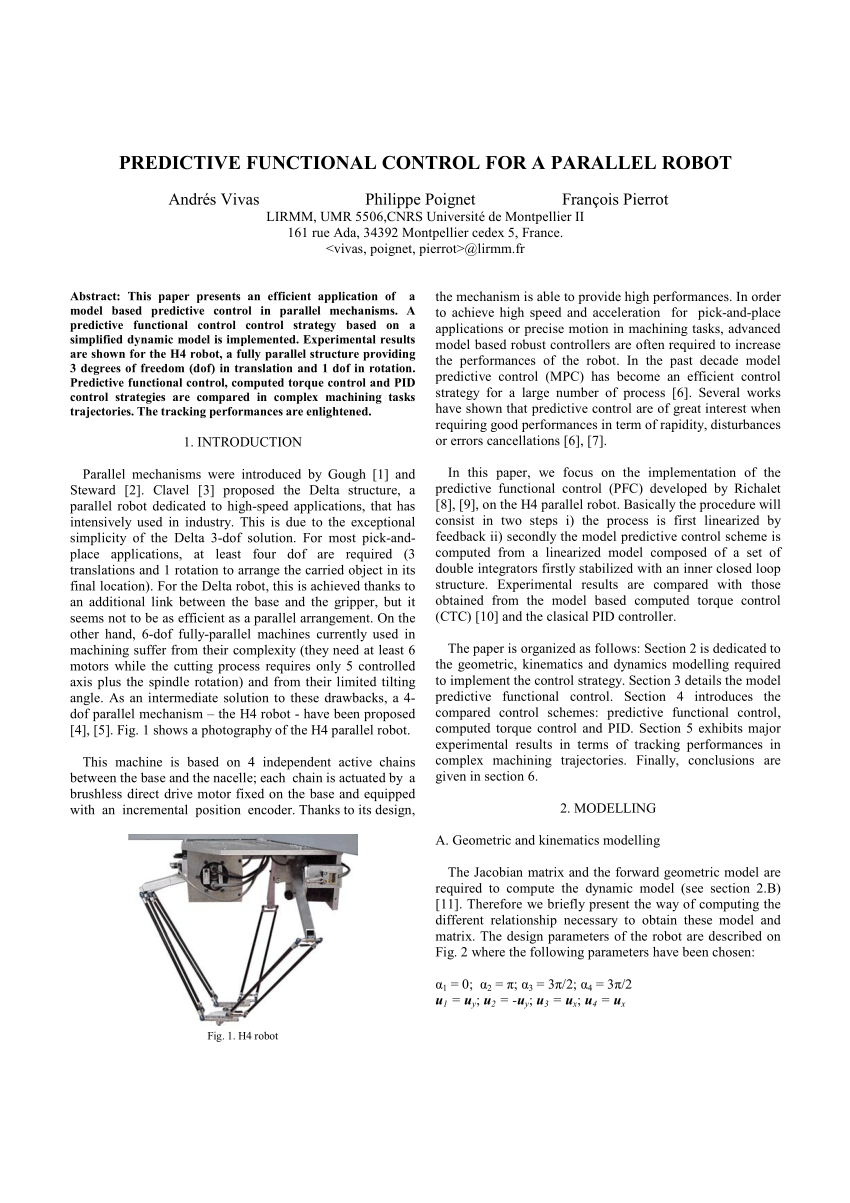 Pdf Predictive Functional Control Of A Parallel Robot