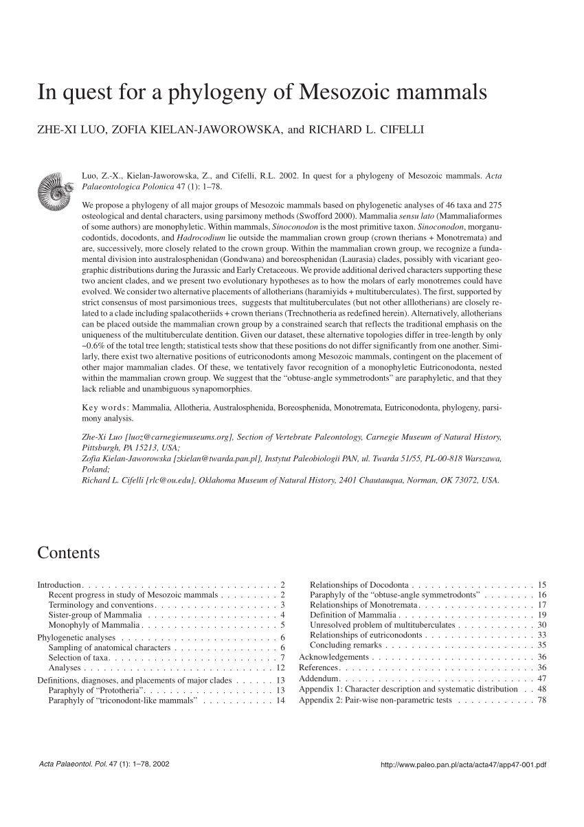 Pdf In Quest For A Phylogeny Of Mesozoic Mammals