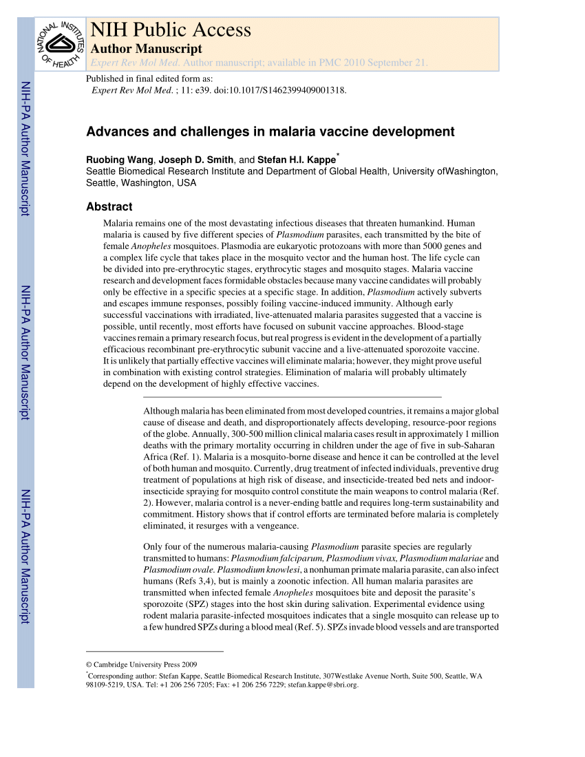 (PDF) Advances and challenges in malaria vaccine development