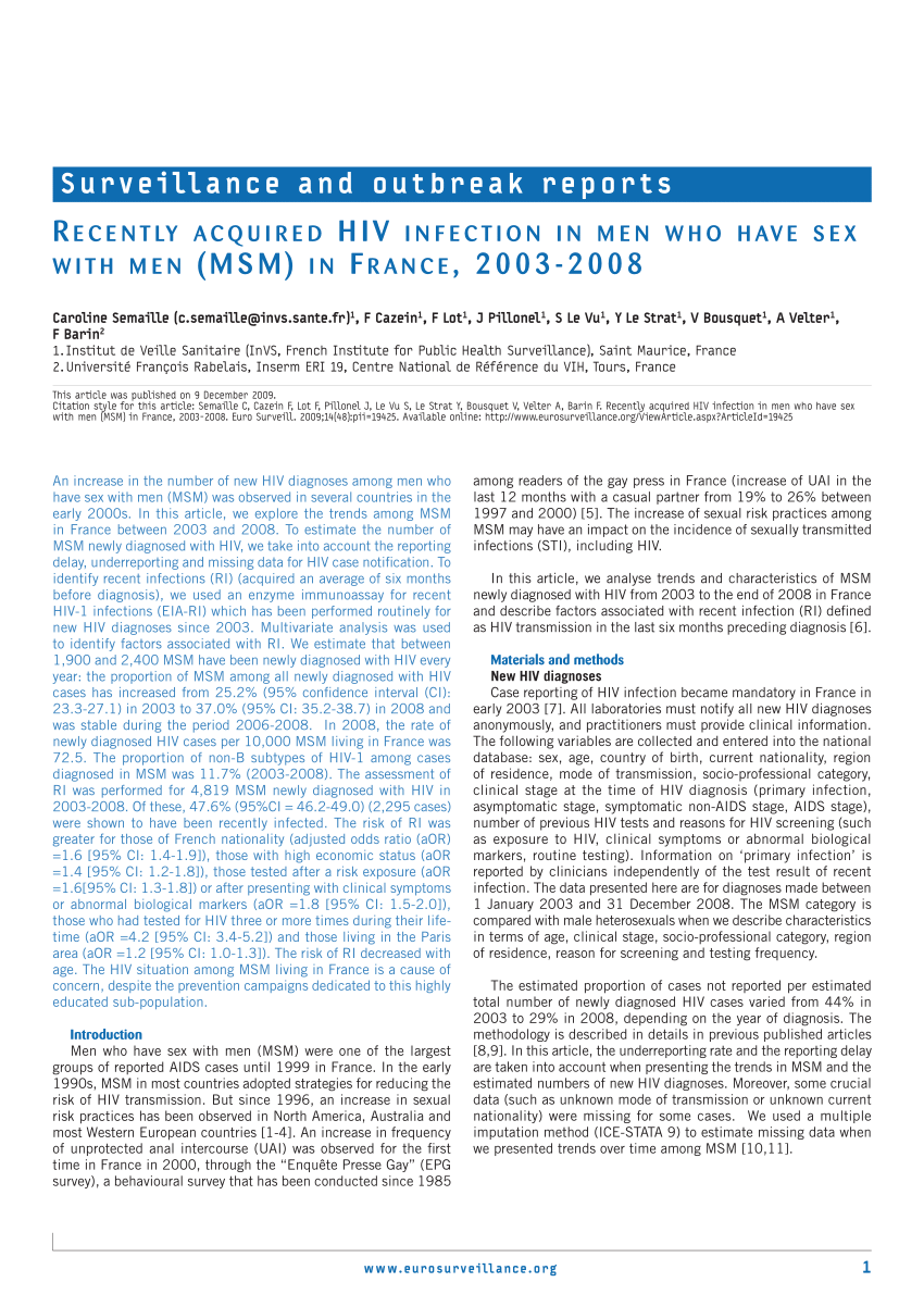 PDF) Recently acquired HIV infection in men who have sex with men (MSM) in  France, 2003-2008