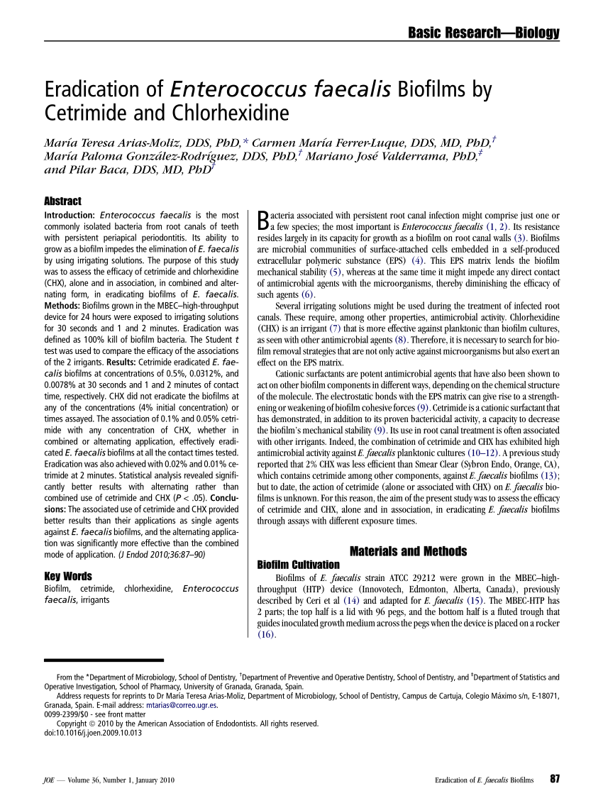 Pdf Eradication Of Enterococcus Faecalis Biofilms By Cetrimide And Chlorhexidine
