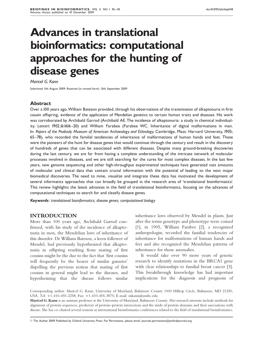 (PDF) Advances in translational bioinformatics Computational approaches for the hunting of