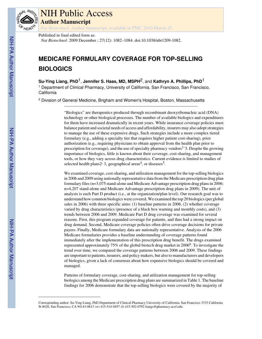 (PDF) Medicare formulary coverage for topselling biologics