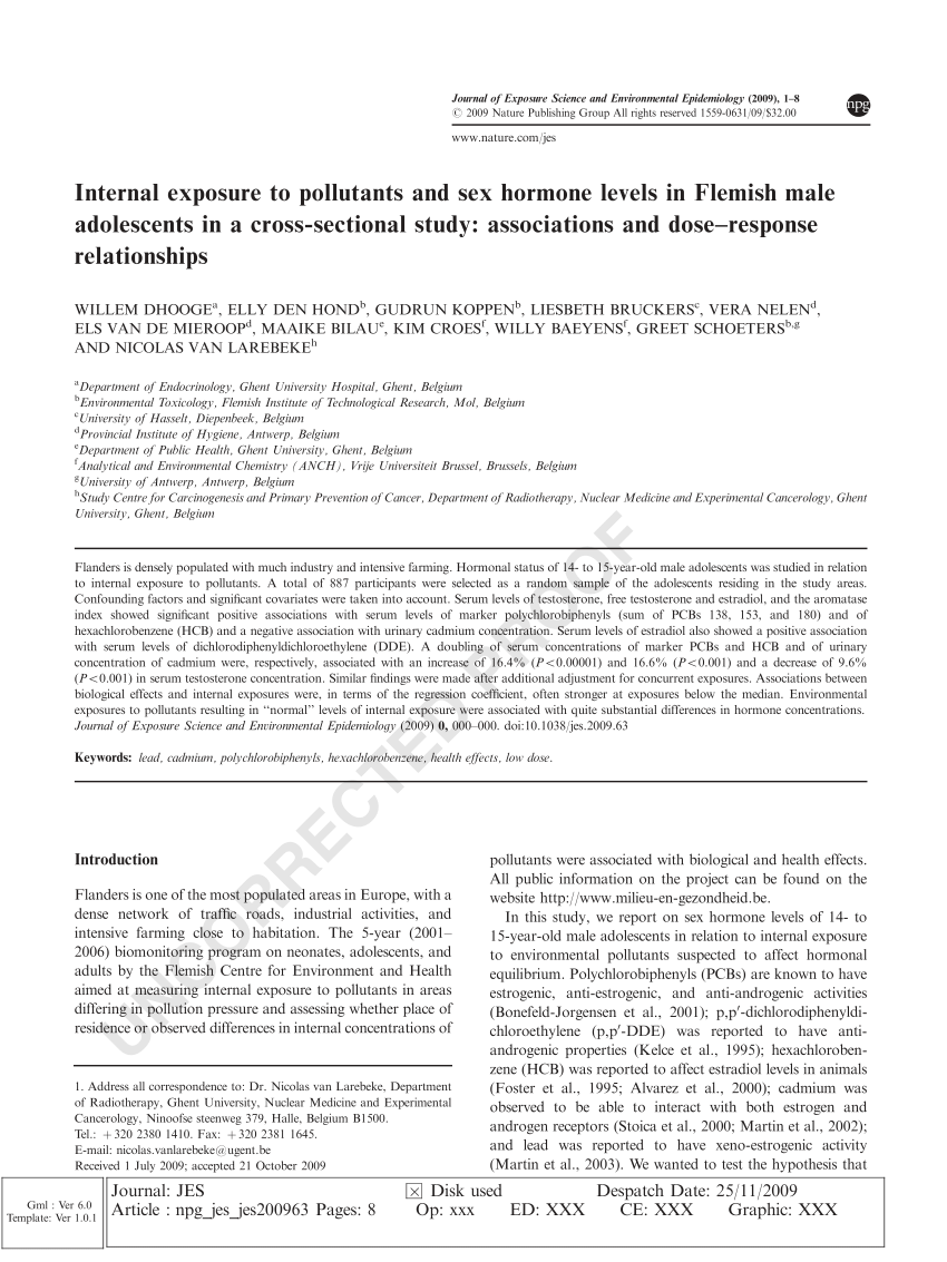 Pdf Internal Exposure To Pollutants And Sex Hormone Levels In Flemish Male Adolescents In A 9980