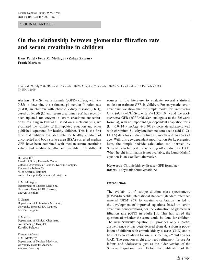 Pdf On The Relationship Between Glomerular Filtration Rate And Serum Creatinine In Children