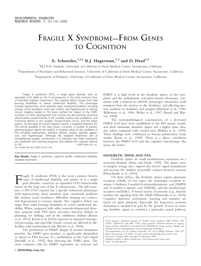 Pdf Fragile X Syndrome From Genes To Cognition