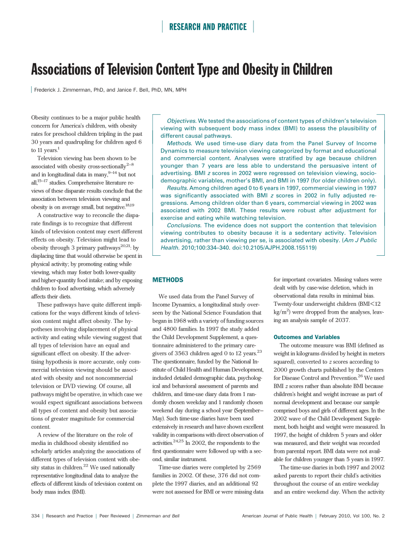 Pdf Associations Of Television Content Type And Obesity In Children