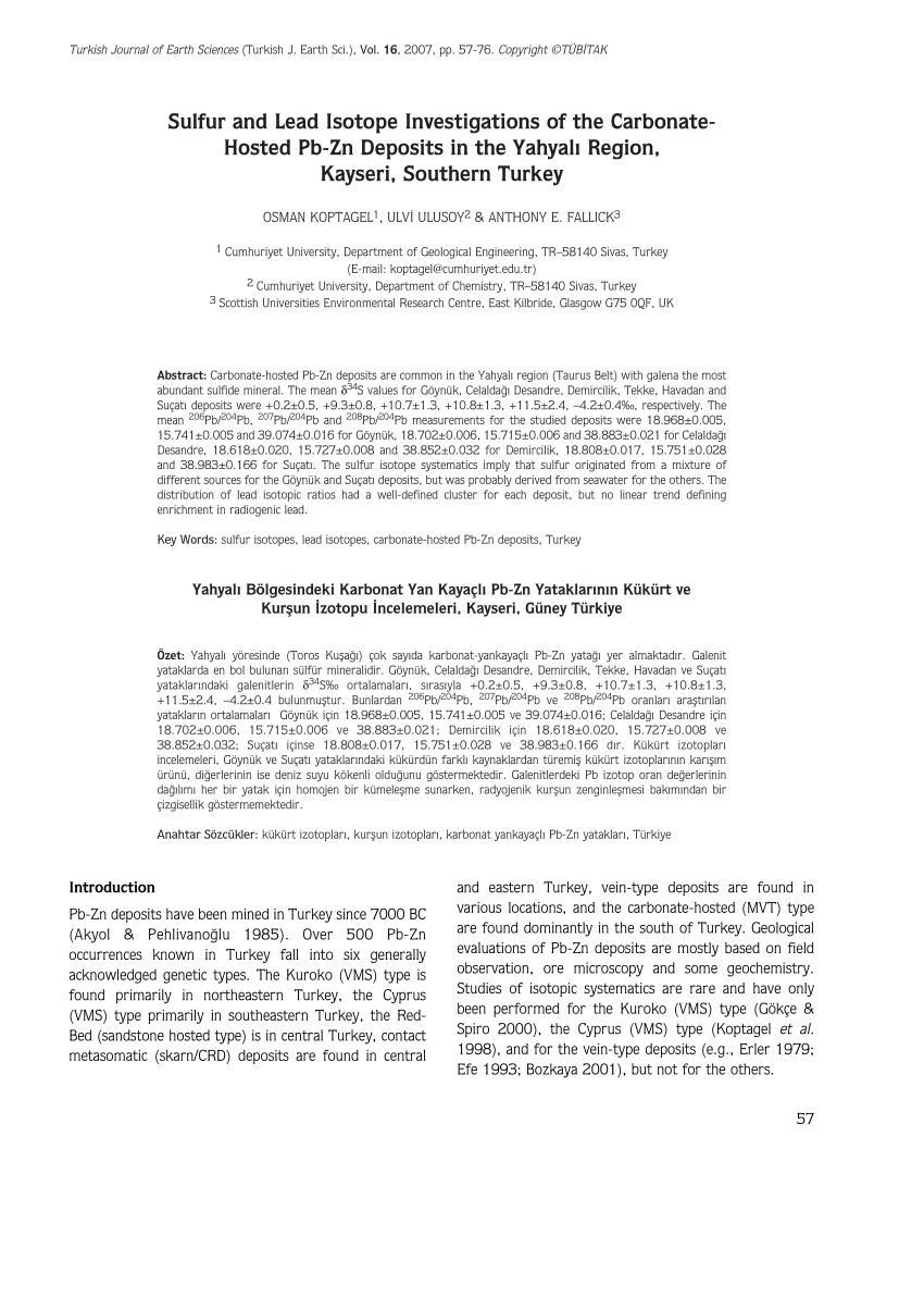 pdf sulfur and lead isotope investigations of the carbonate hosted pb zn deposits in the yahyal region kayseri southern turkey