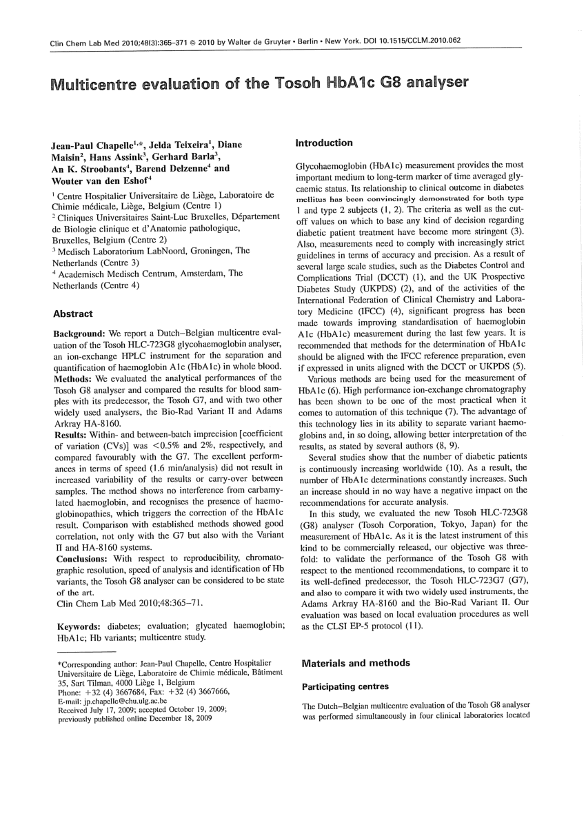 Pdf Multicentre Evaluation Of The Tosoh Hba1c G8 Analyser