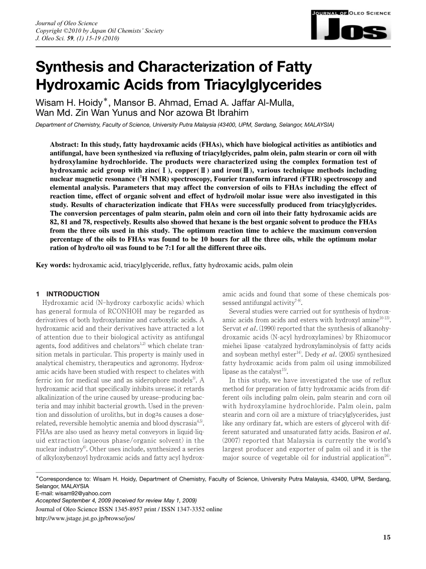 Pdf Synthesis And Characterization Of Fatty Hydroxamic Acids From Triacylglycerides