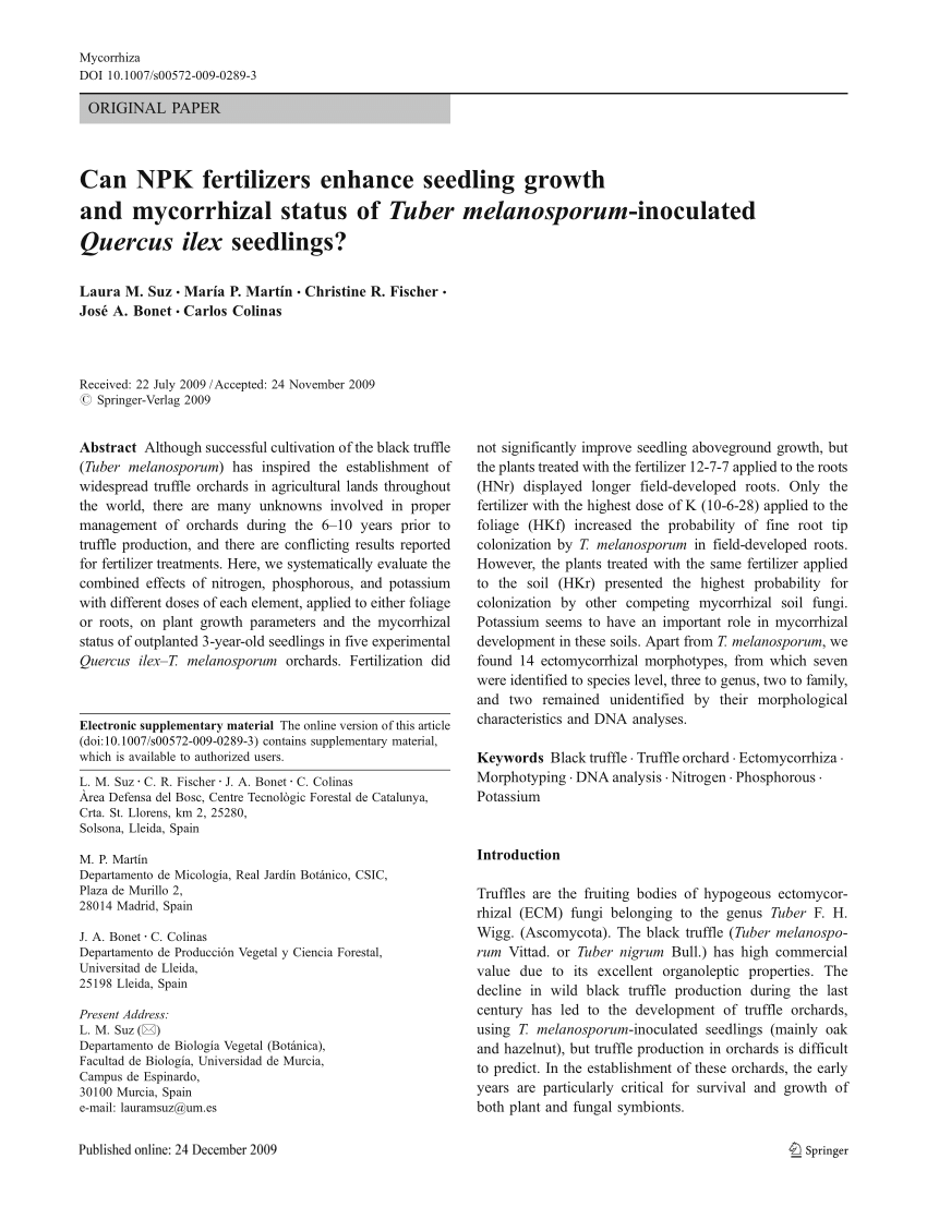 Pdf Can Npk Fertilizers Enhance Seedling Growth And Mycorrhizal Status Of Tuber Melanosporum Inoculated Quercus Ilex Seedlings