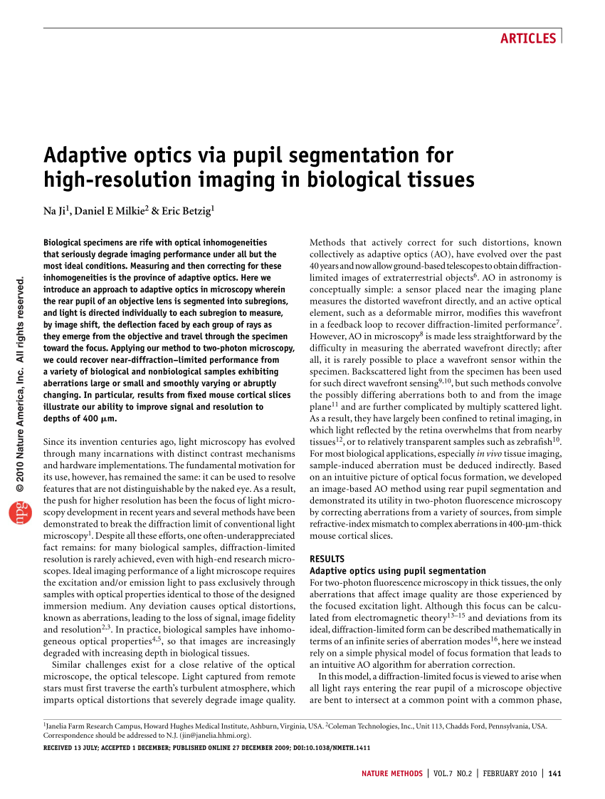 Pdf Adaptive Optics Via Pupil Segmentation For High