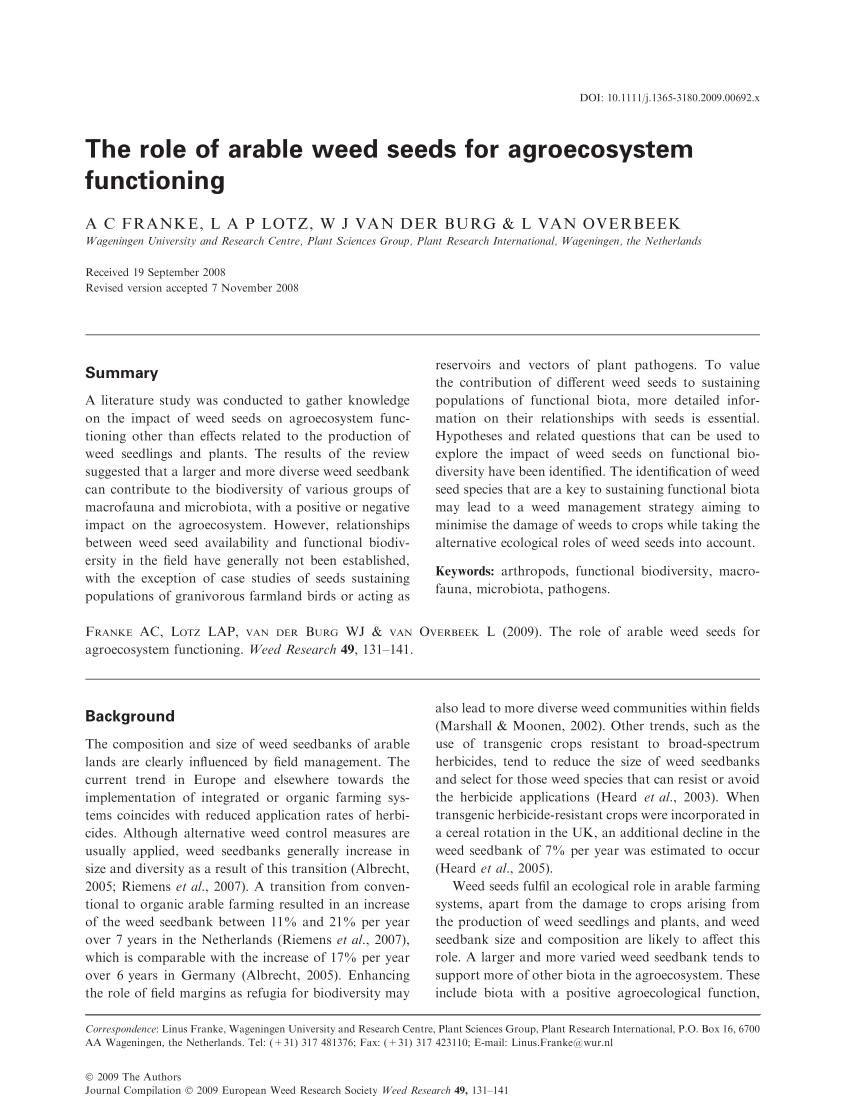 Pdf The Role Of Arable Weed Seeds For Agroecosystem Functioning