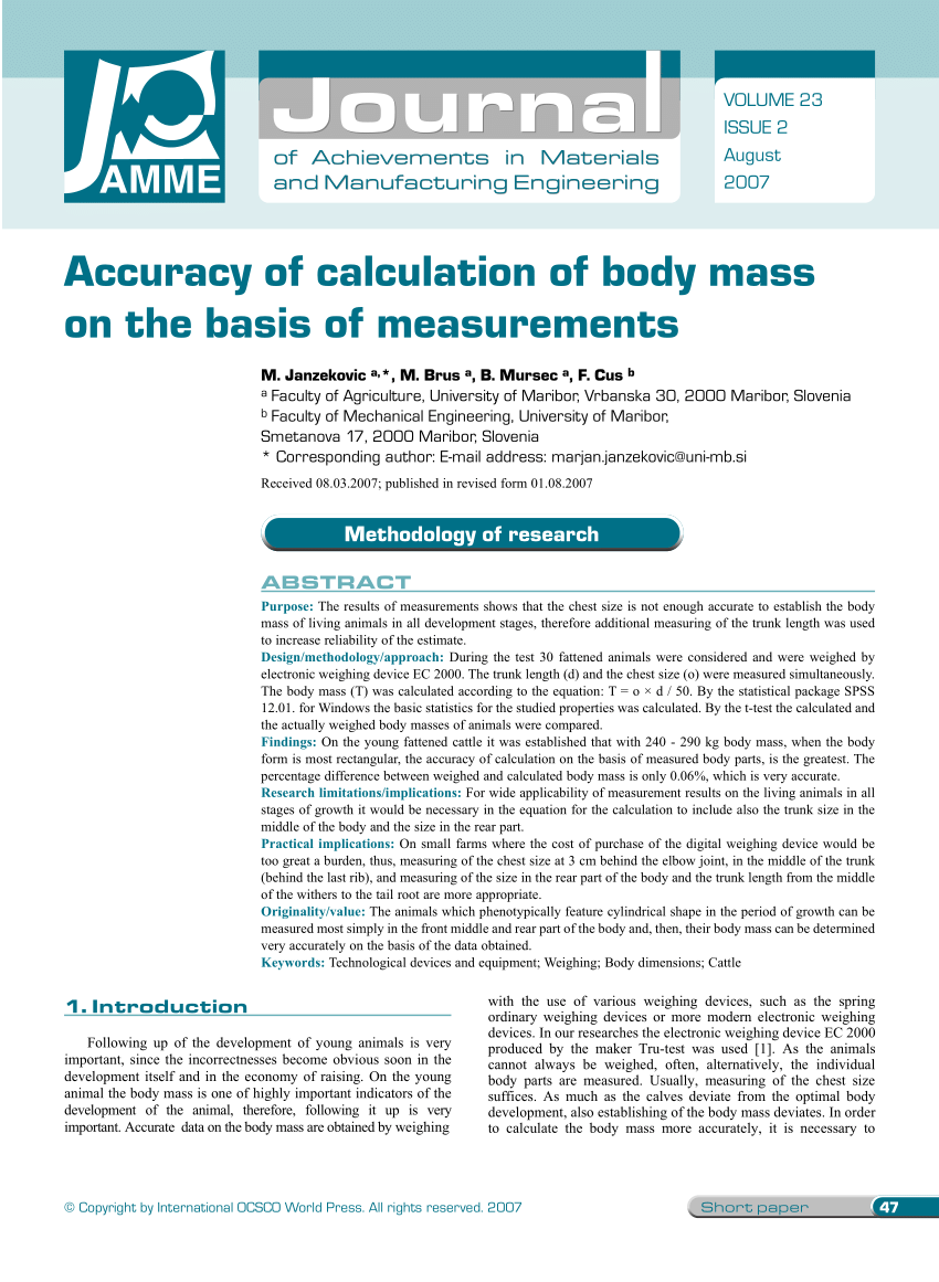 Pdf Accuracy Of Calculation Of Body Mass On The Basis Of