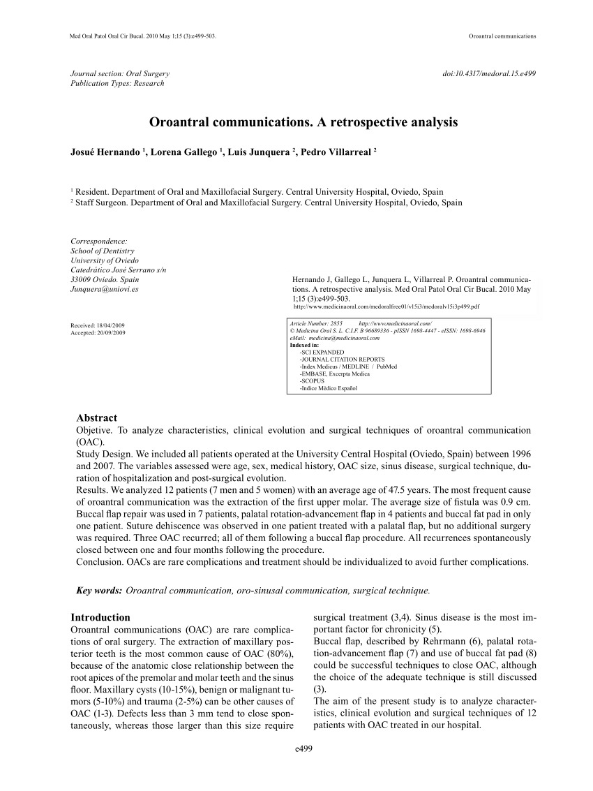 PDF Oroantral communications A retrospective analysis 