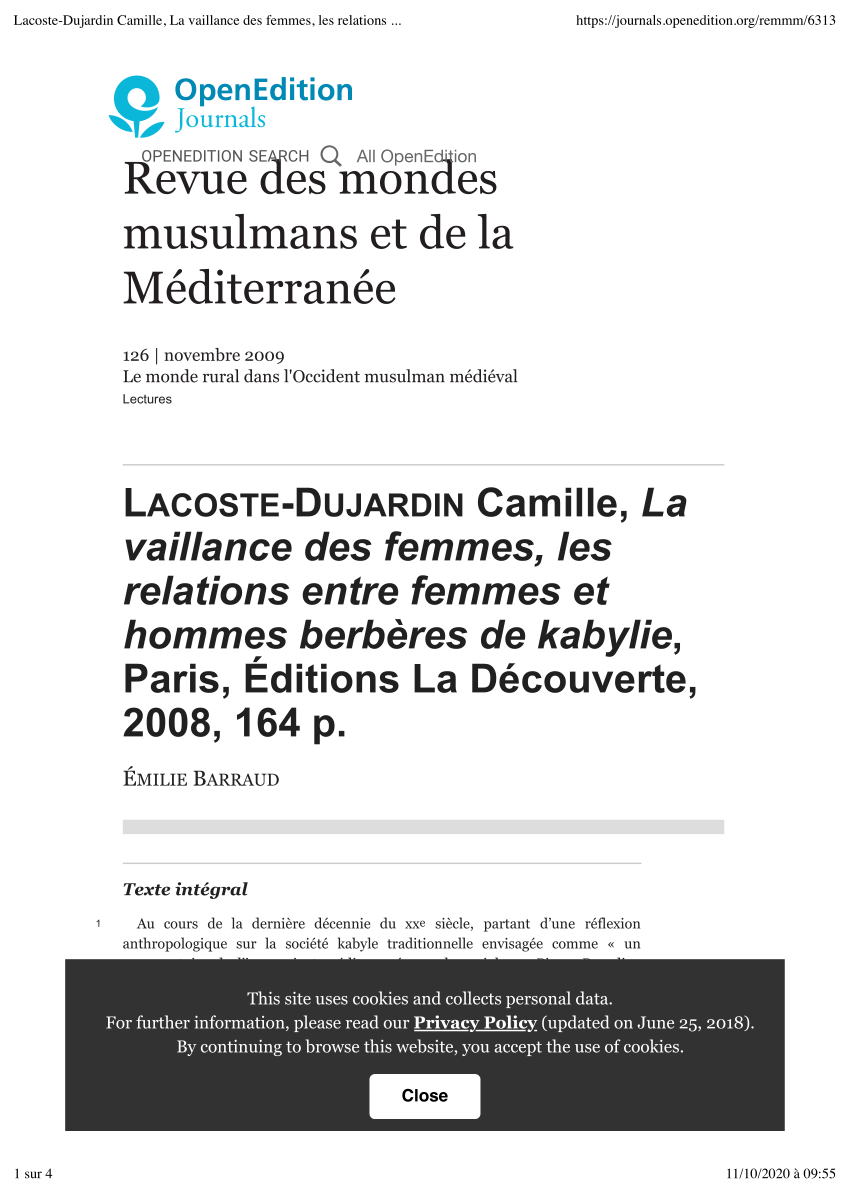 PDF) Lacoste-Dujardin Camille, La vaillance des femmes, relations entre et hommes berbères de kabylie, Paris, Éditions Découverte, 2008, 164 p.