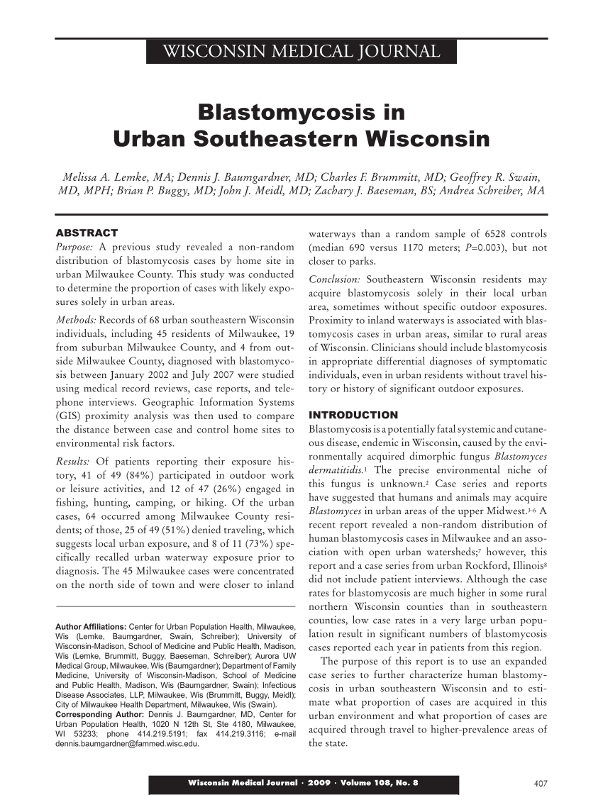 (PDF) Blastomycosis in urban southeastern Wisconsin