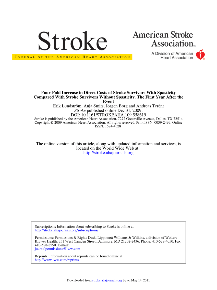 Pdf Four Fold Increase In Direct Costs Of Stroke Survivors With Spasticity Compared With Stroke Survivors Without Spasticity The First Year After The Event