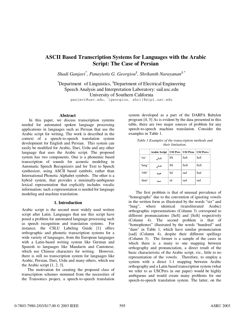 Pdf Ascii Based Transcription Systems For Languages With The Arabic Script The Case Of Persian