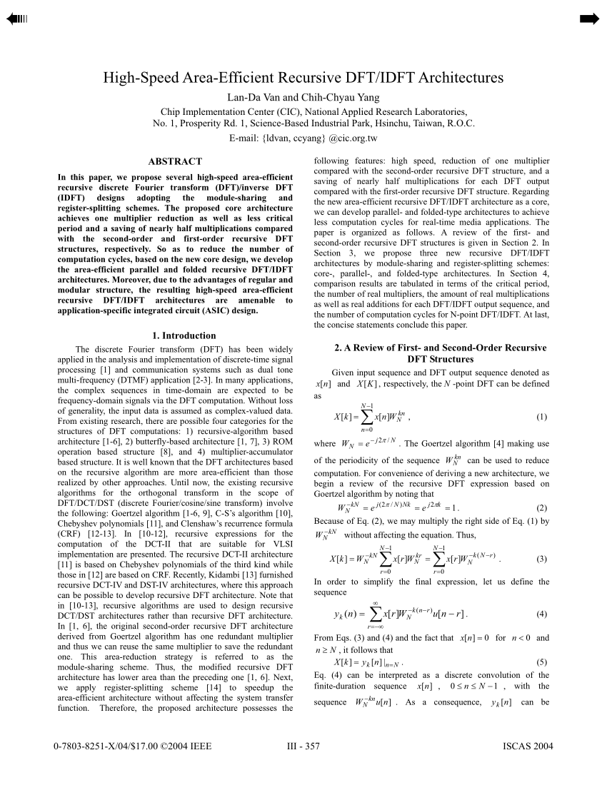 Pdf High Speed Area Efficient Recursive Dft Idft Architectures