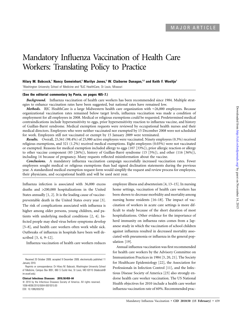 Pdf Mandatory Influenza Vaccination Of Health Care Workers Translating Policy To Practice