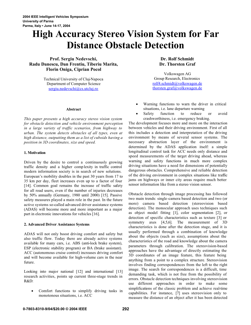 Pdf High Accuracy Stereo Vision System For Far Distance Obstacle