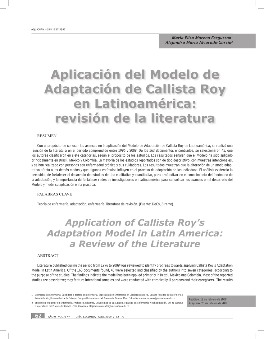 PDF) Aplicación del Modelo de Adaptación de Callista Roy en Latinoamérica:  revisión de la literatura