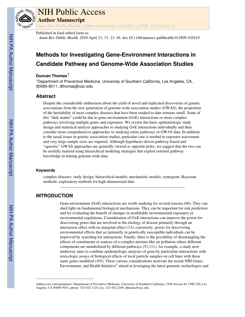 Pdf Methods For Investigating Gene Environment Interactions In
