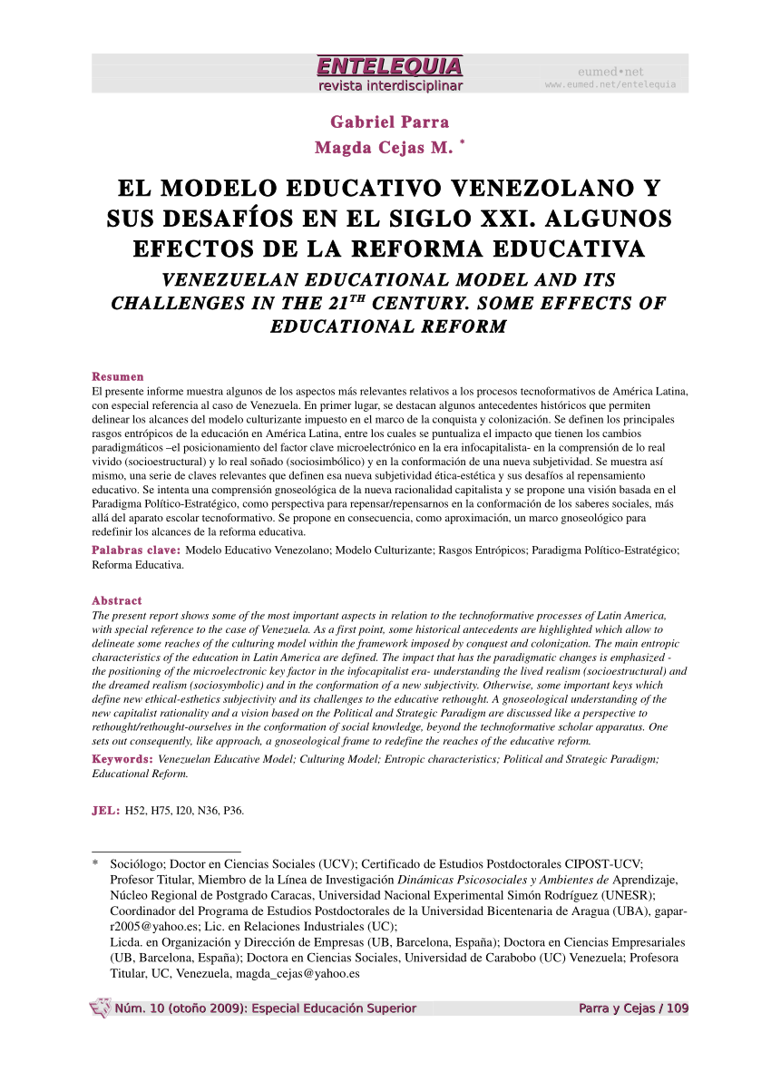 PDF) El modelo educativo venezolano y sus desafíos en el siglo XXI. Algunos  efectos de la reforma educativa