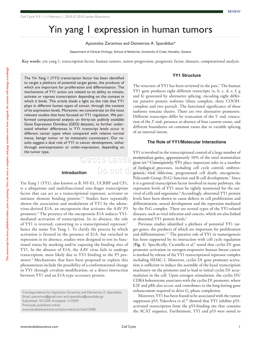 Pdf Yin Yang 1 Expression In Human Tumors