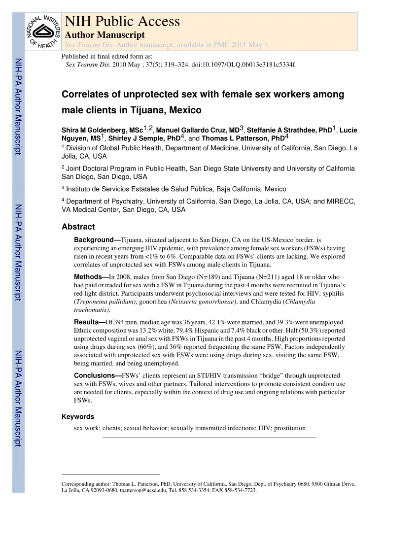 PDF) Correlates of Unprotected Sex With Female Sex Workers Among Male Clients in Tijuana, Mexico