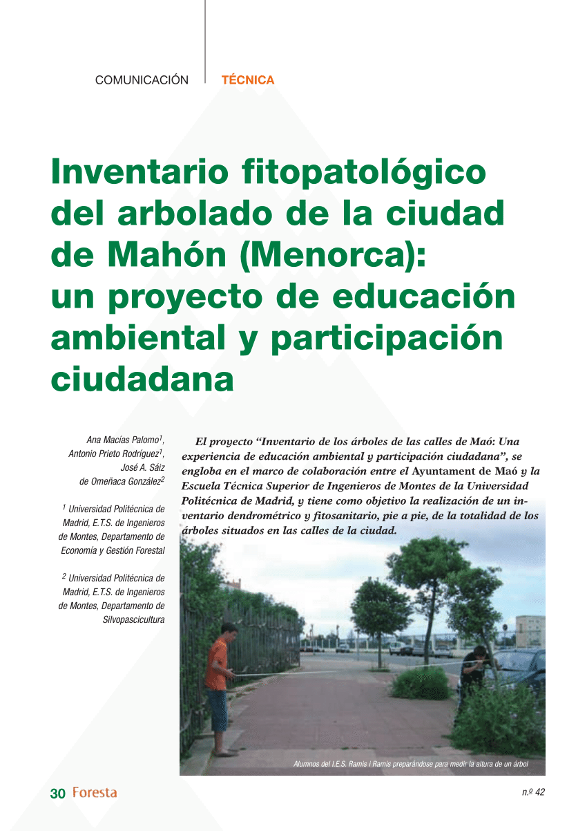 PDF) Inventario fitopatológico del arbolado de la ciudad de Mahón  (Menorca): un proyecto de educación ambiental y participación ciudadana