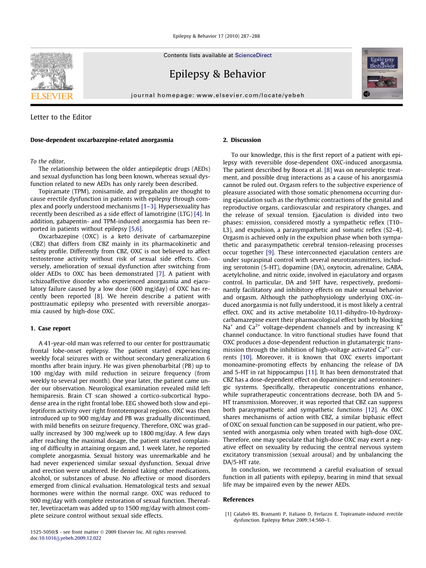 PDF Dose dependent oxcarbazepine related anorgasmia