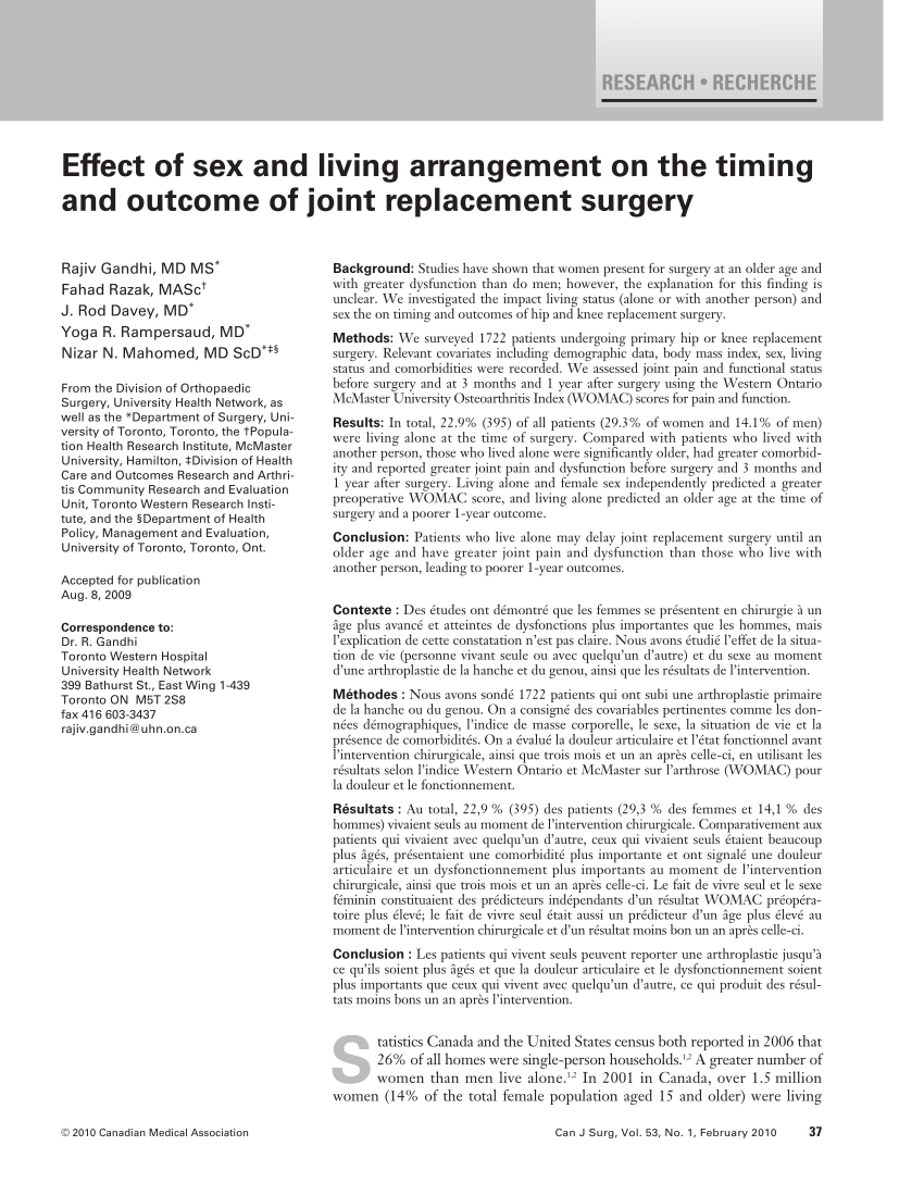 PDF) Effect of sex and living arrangement on the timing and outcome of joint replacement surgery photo