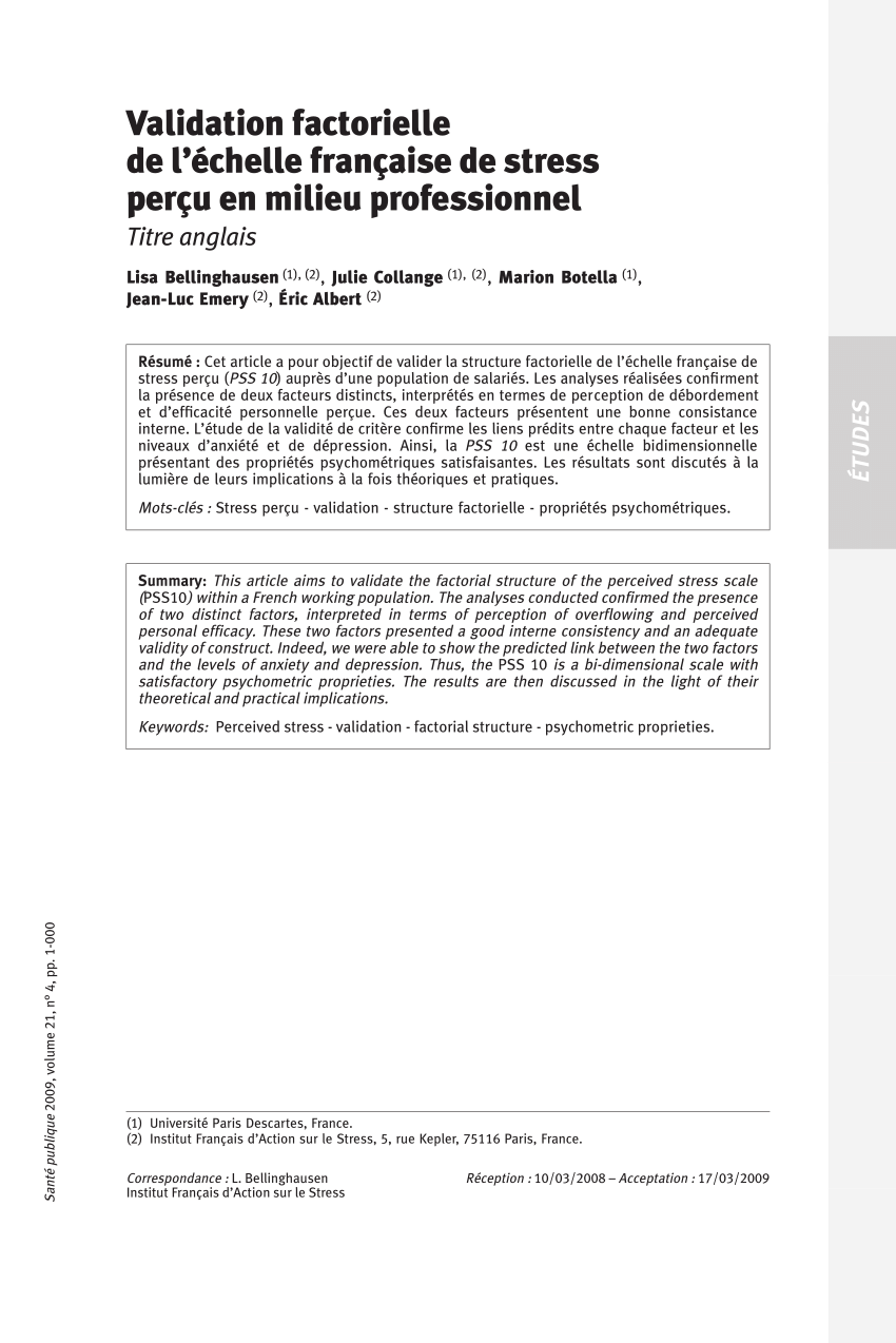 Pdf Factorial Validation Of The French Scale For Perceived Stress In The Workplace