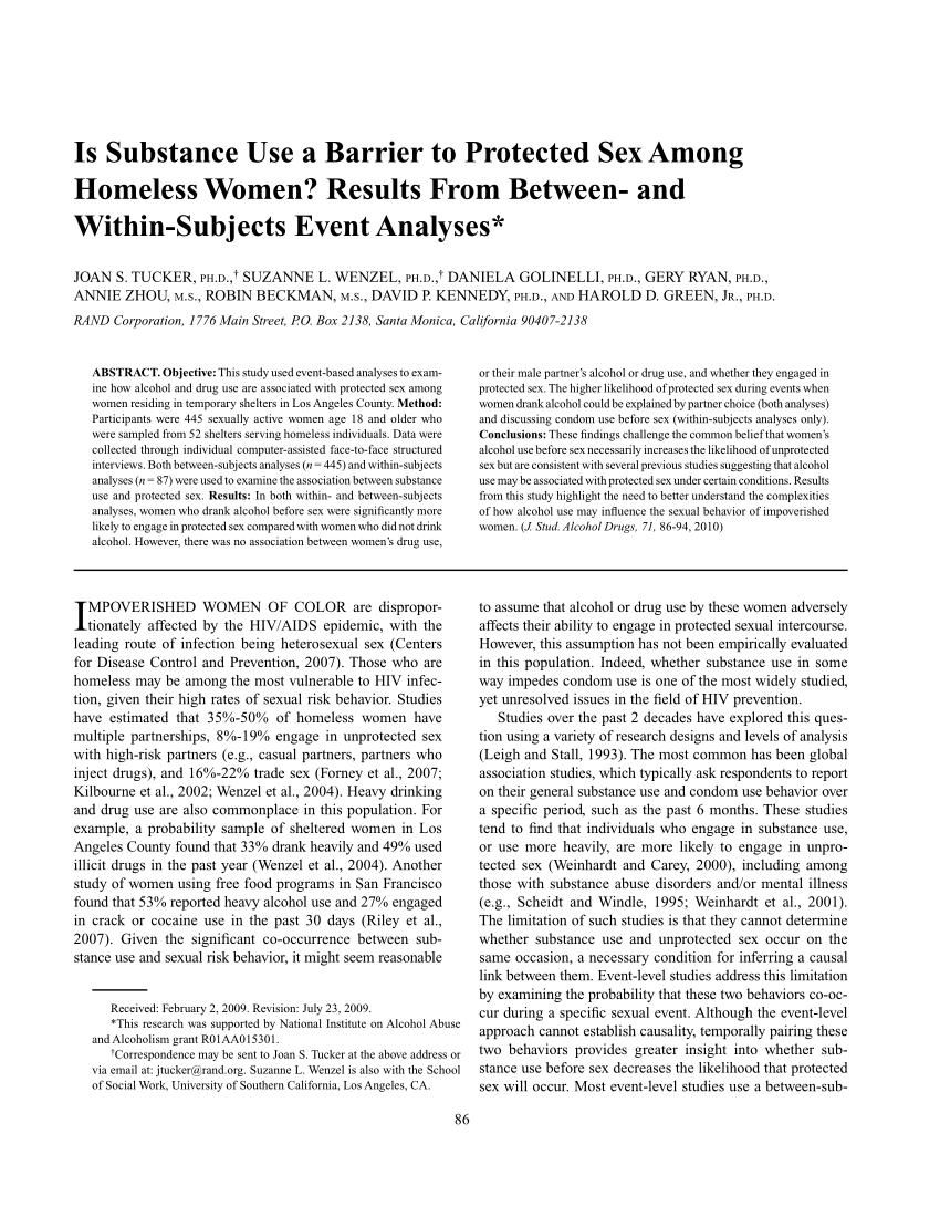 PDF) Is Substance Use a Barrier to Protected Sex Among Homeless Women?  Results From Between- and Within-Subjects Event Analyses*