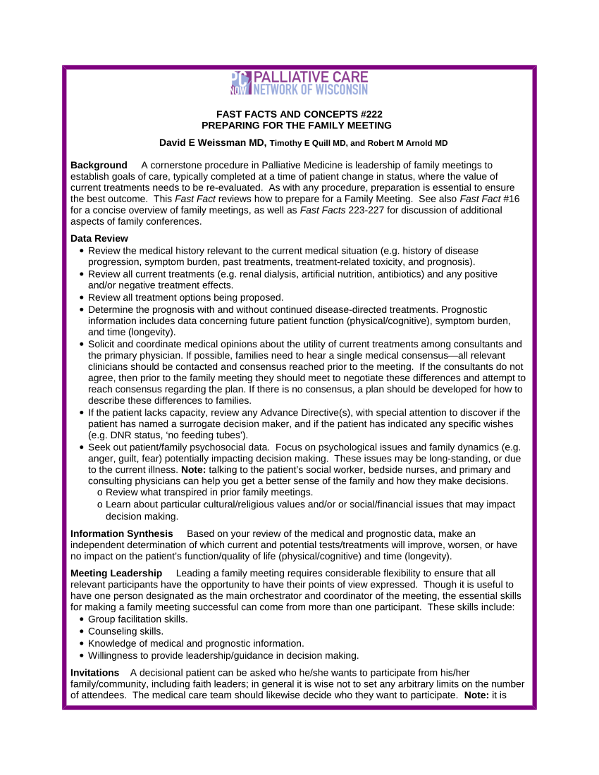 PDF) Preparing for the Family Meeting #22 Intended For Palliative Care Family Meeting Template