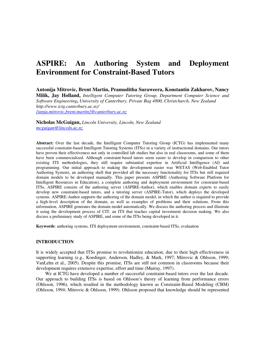 Pdf Aspire An Authoring System And Deployment Environment For Constraint Based Tutors