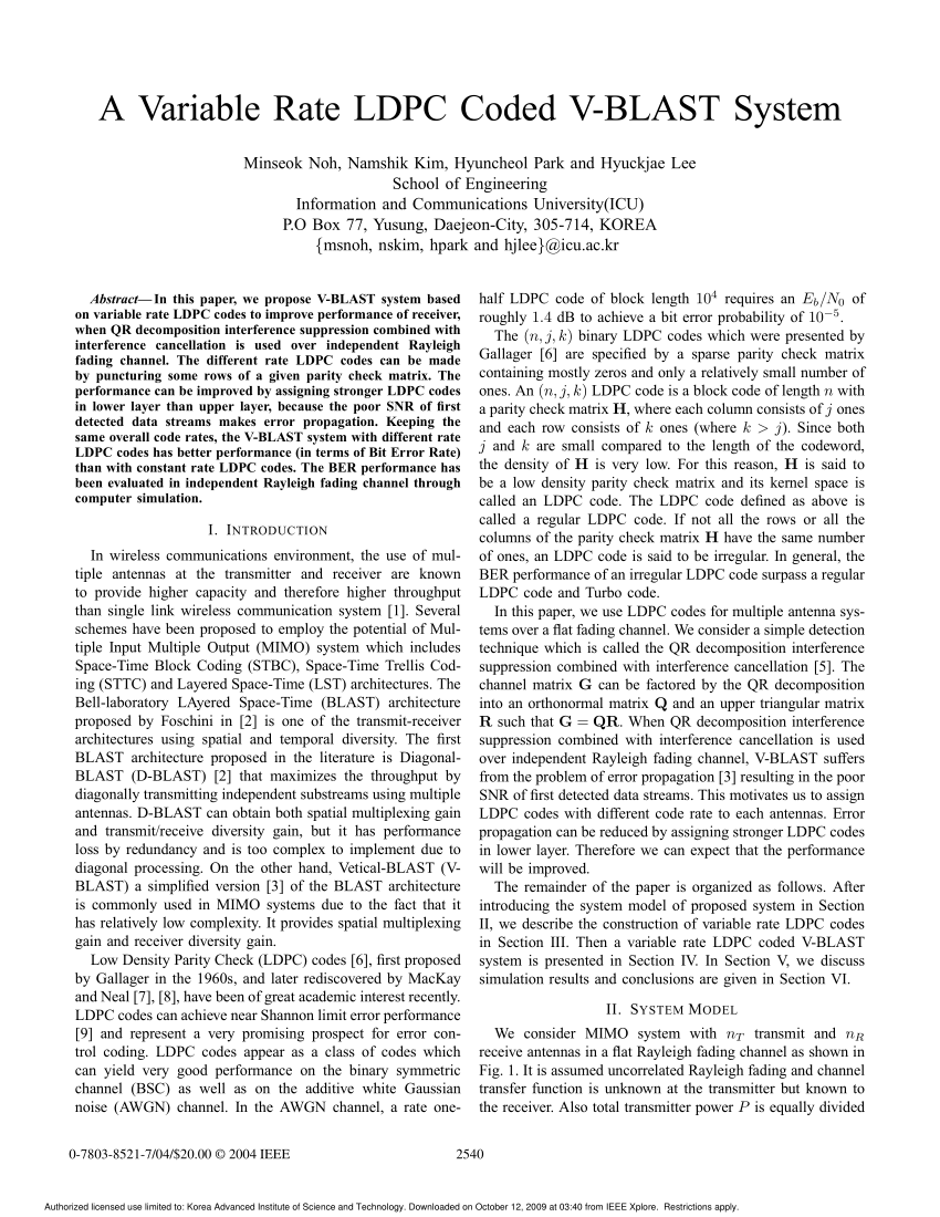 Pdf A Variable Rate Ldpc Coded V Blast System