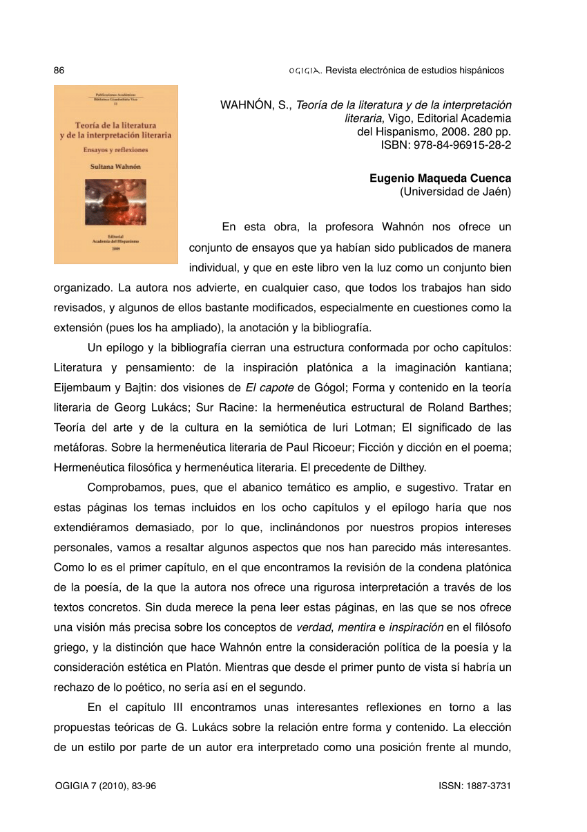 Pdf Book Review Reseña WahnÓn S Teoría De La Literatura Y De La Interpretación Literaria 0998