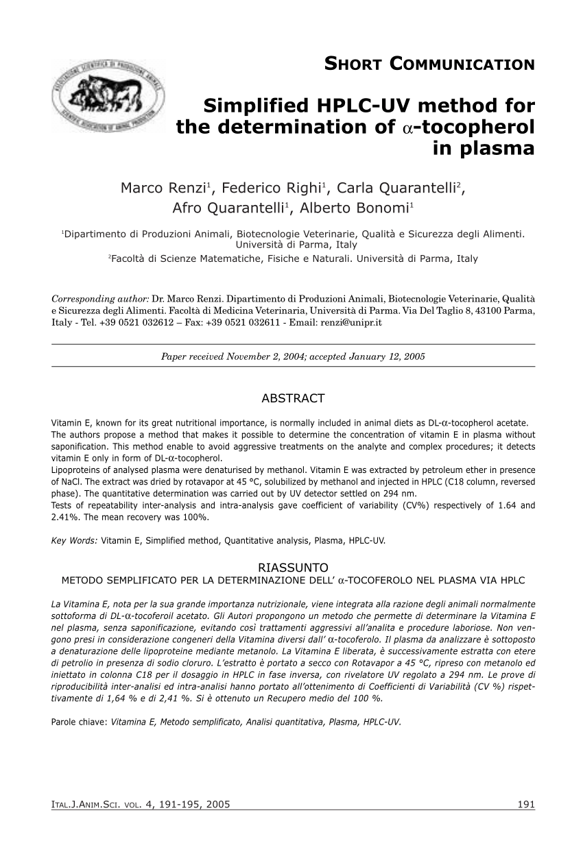 Pdf Simplified Hplc Uv Method For The Determination Of Tocopherol In Plasma