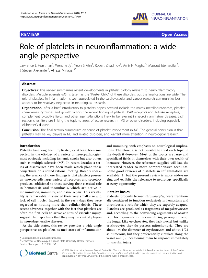 PDF) Role of platelets in neuroinflammation: A wide-angle perspective
