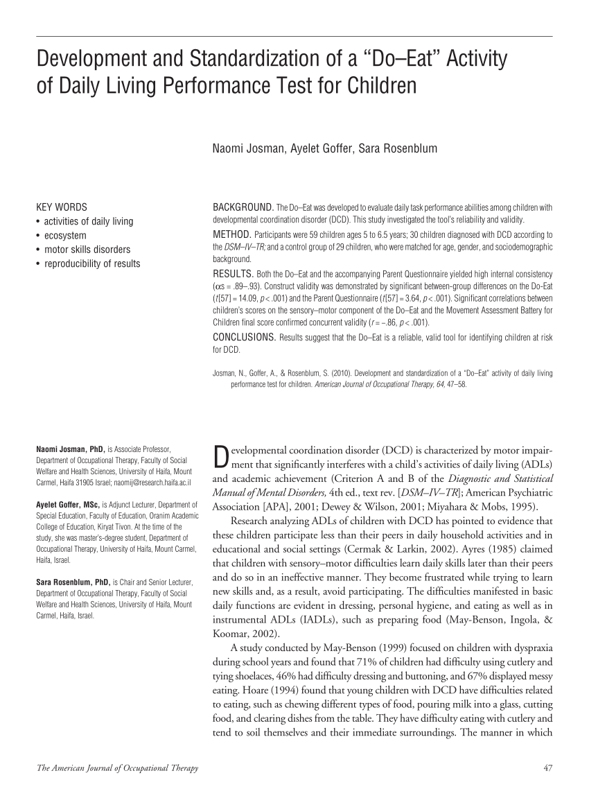 Pdf Development And Standardization Of A Do Eat Activity Of Daily Living Performance Test For Children