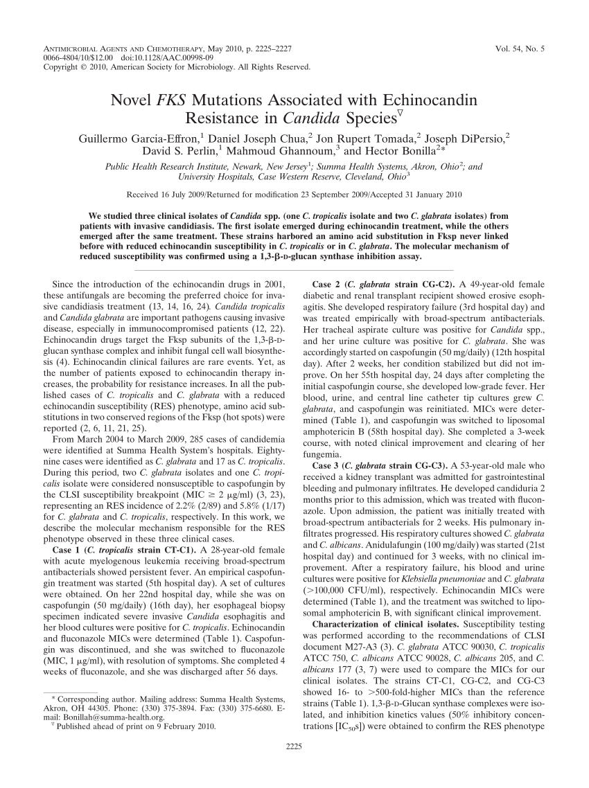 Pdf Novel Fks Mutations Associated With Echinocandin Resistance In Candida Species 