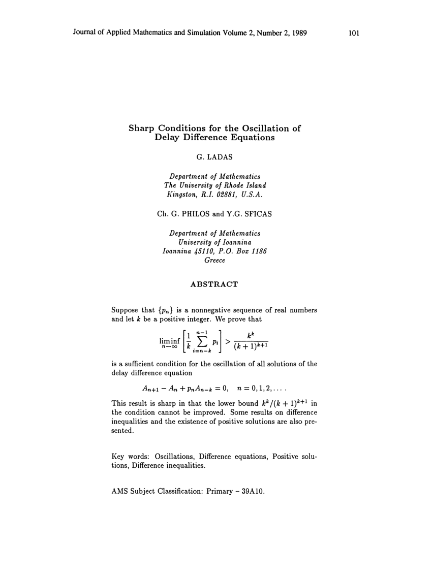 Pdf Sharp Condition For The Oscillation Of Delay Difference Equations