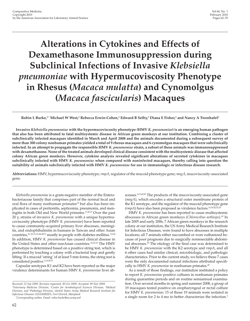 Pdf Alterations In Cytokines And Effects Of Dexamethasone Immunosuppression During Subclinical Infections Of Invasive Klebsiella Pneumoniae With Hypermucoviscosity Phenotype In Rhesus Macaca Mulatta And Cynomolgus Macaca Fascicularis Macaques